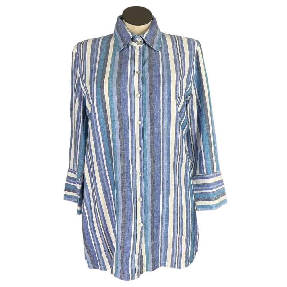 Multiples Linen Top Women XL Blue Multi Long Sleeve Button Tunic Coastal Summer